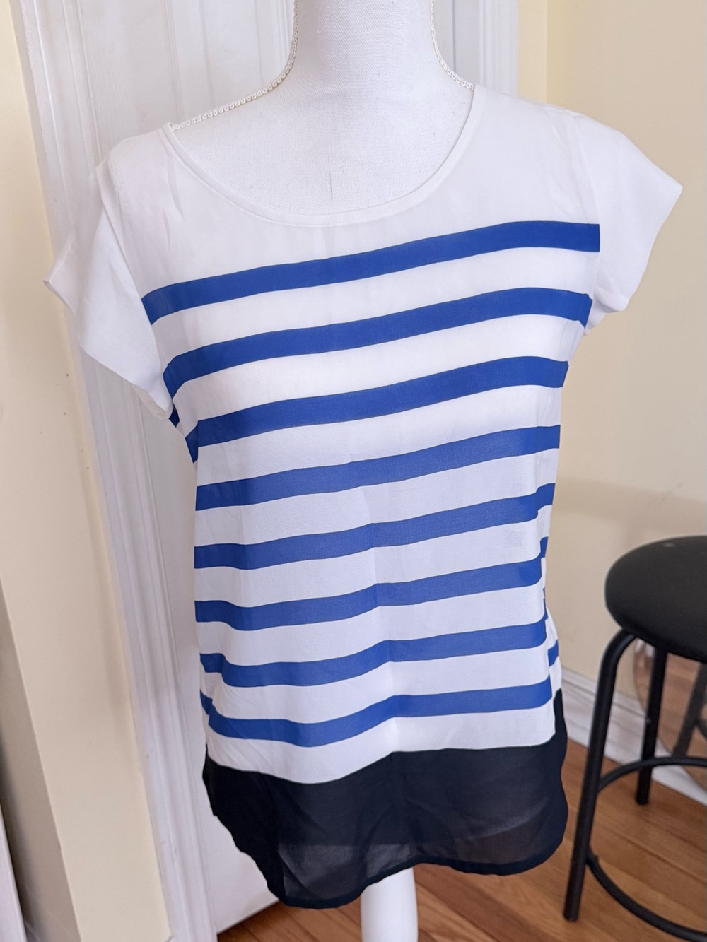 Banana Republic White Top with Blue Stripes and Black Hem